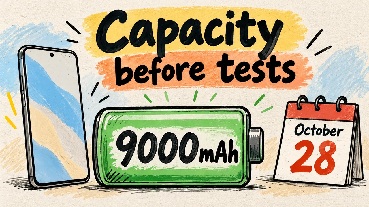 A drawn generic phone, 9000mAh battery-capacity symbol and October 28 calendar sit beneath Capacity before tests.