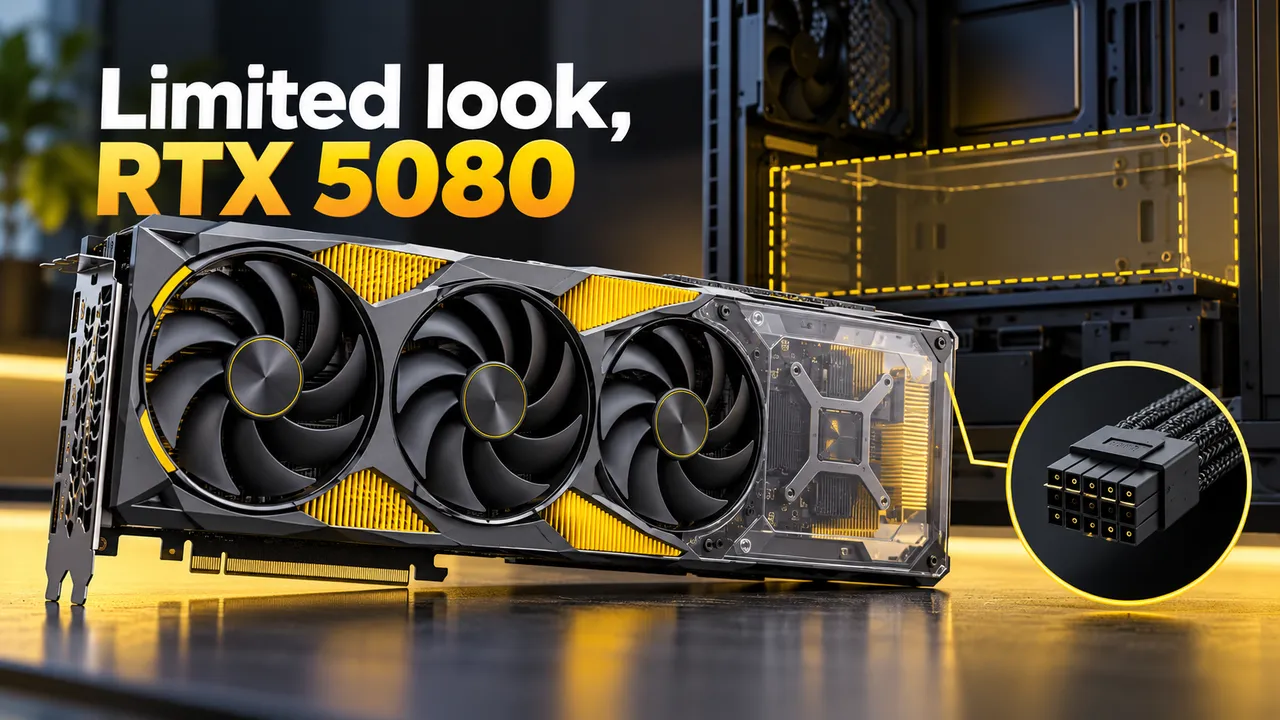 A generic triple-fan graphics card with yellow heatsink accents beside a PC-case clearance outline and an enlarged power-connector illustration.