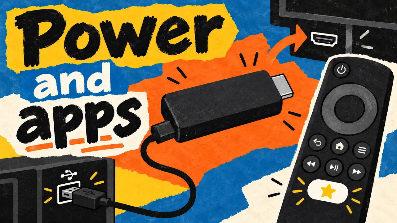 A flat drawn streaming stick connects to a TV USB power port beside an HDMI symbol and a remote with a star shortcut, beneath Power and apps.