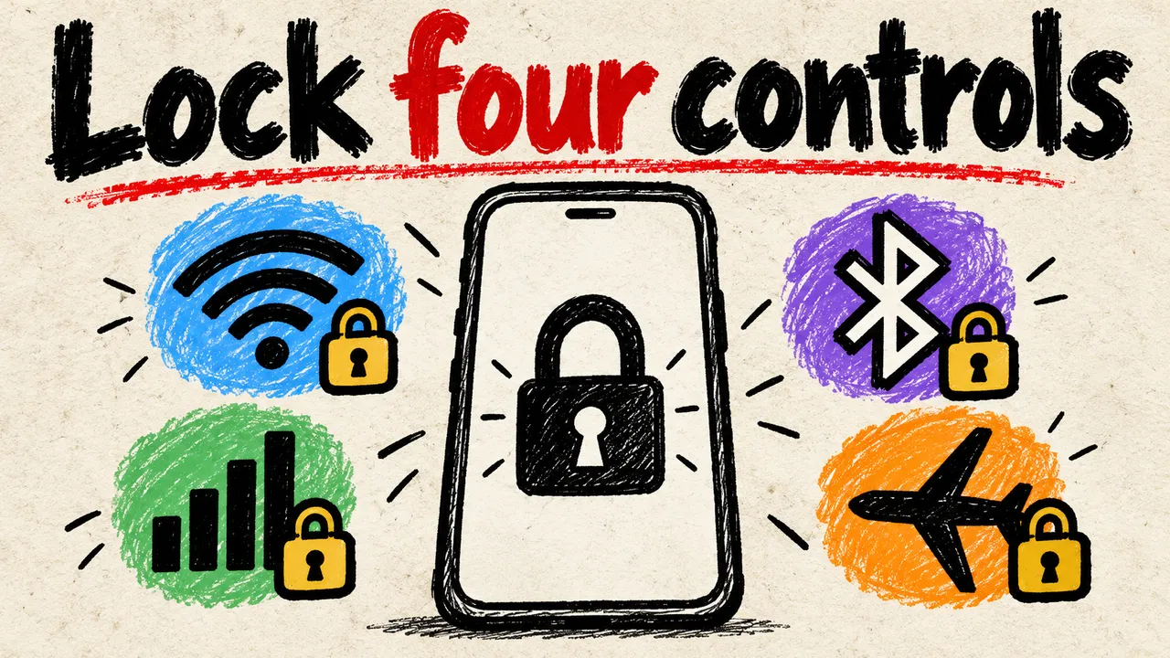 A drawn locked phone is surrounded by separate locked Wi-Fi, Bluetooth, cellular and airplane symbols beneath the words Lock four controls.