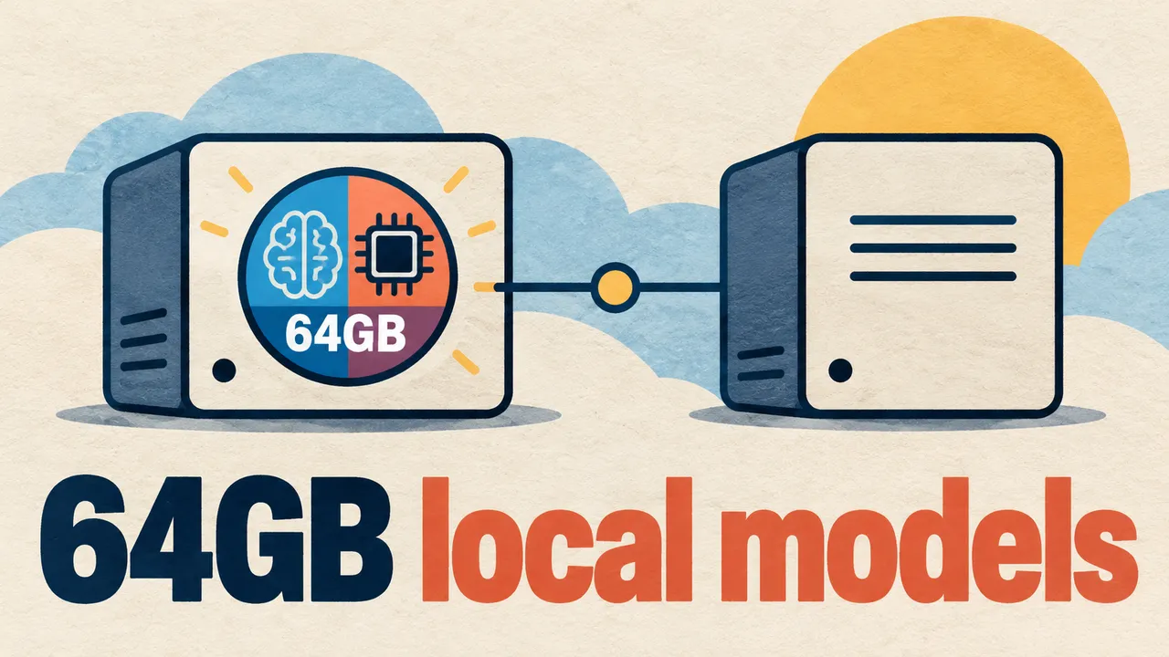 Two drawn compute nodes are connected by a line. One contains an inseparable brain-and-chip circle marked 64GB beneath the words 64GB local models; there is no removable memory stick.