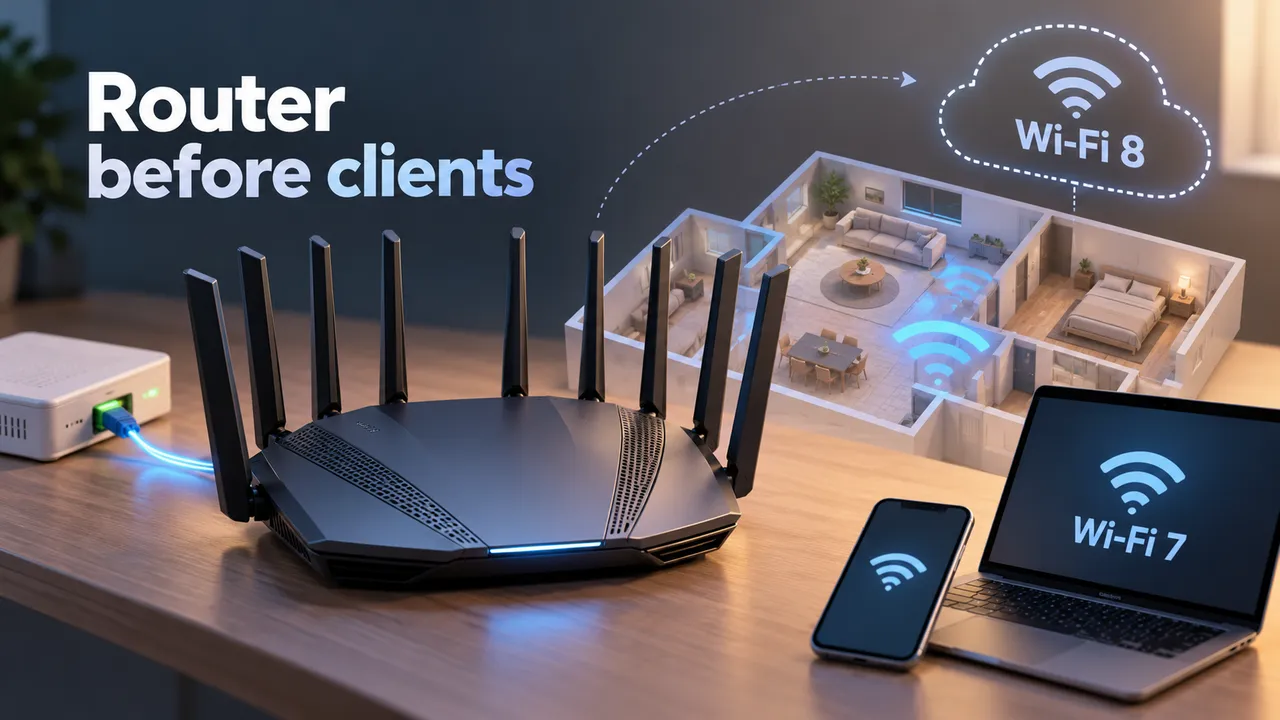 A generic multi-antenna router beside a home floor plan and a wired 10Gb connection icon.