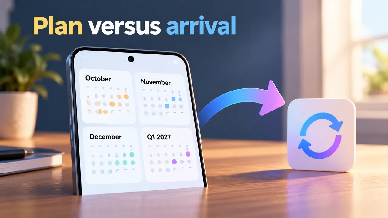 A generic phone calendar shows month blocks from October through the first quarter of next year, with no update notification or brand interface.