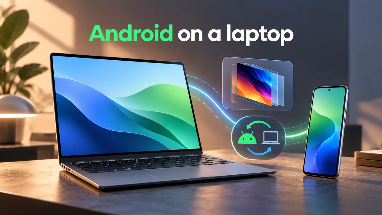 A generic 15-inch laptop beside a phone, with an OLED display card and two operating-system icons.
